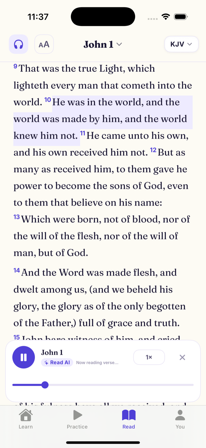 Mannael Read tab: John chapter 1 in the King James Version with AI audio playing and the current verse highlighted