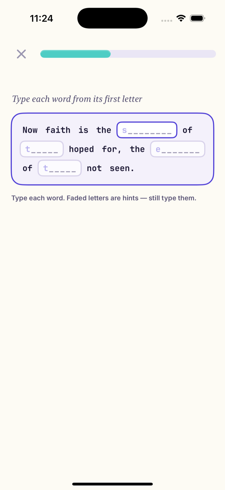 Mannael first-letter exercise: recalling Hebrews 11:1 from each word's first letter