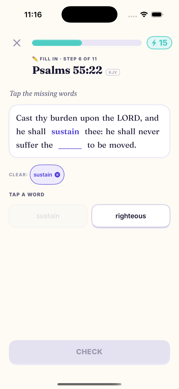 Mannael fill-in-the-blank exercise: tapping the missing words to complete the verse