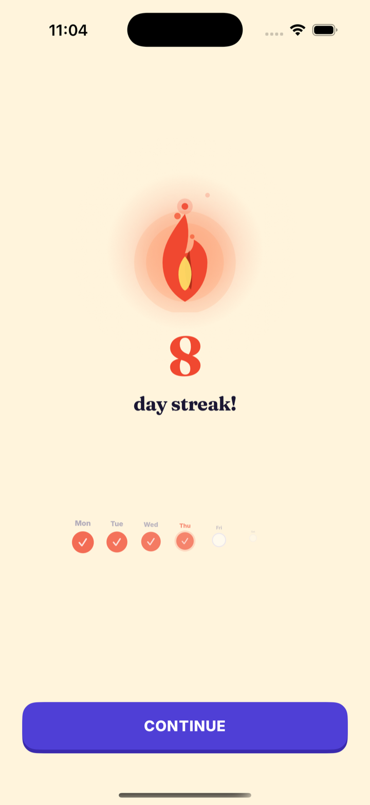 Mannael celebration screen showing an 8-day streak with a flame and the week's progress
