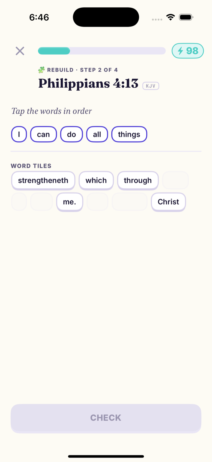 Mannael Rebuild exercise: tapping shuffled word tiles into order to reconstruct Philippians 4:13