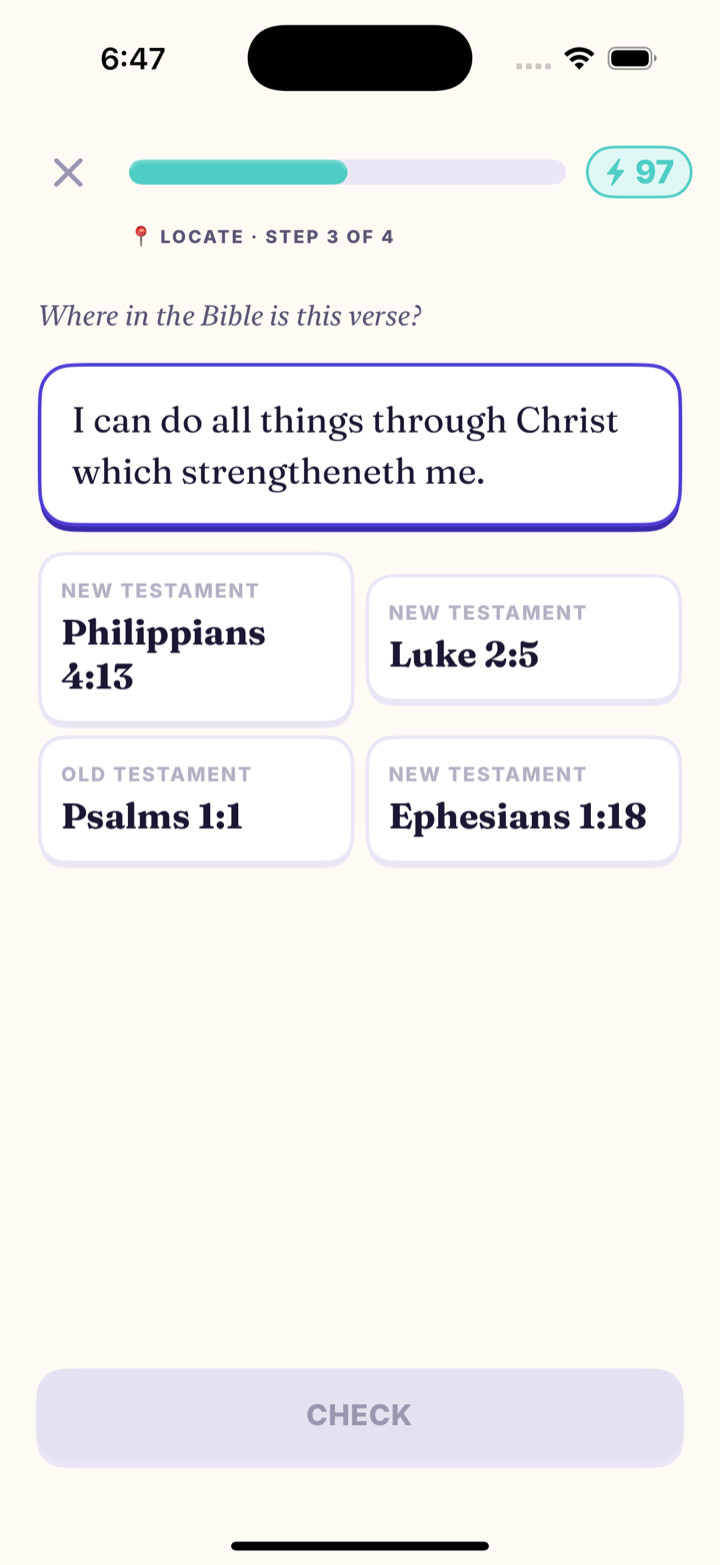 Mannael Locate exercise: choosing where Philippians 4:13 lives in the Bible from four references