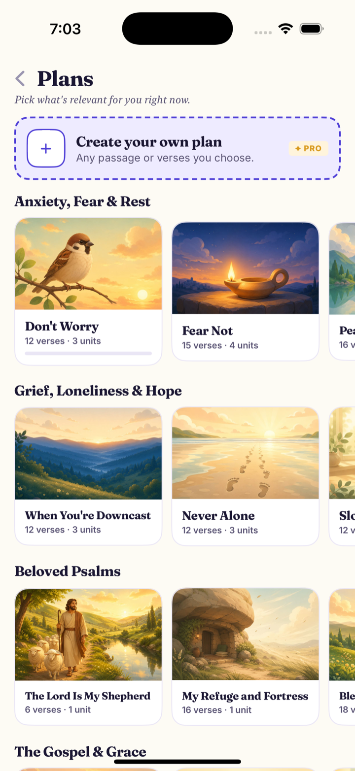Mannael Plans library: guided verse plans grouped by life situation — Anxiety, Fear & Rest; Grief, Loneliness & Hope; Beloved Psalms; the Gospel — each with cover art and verse counts